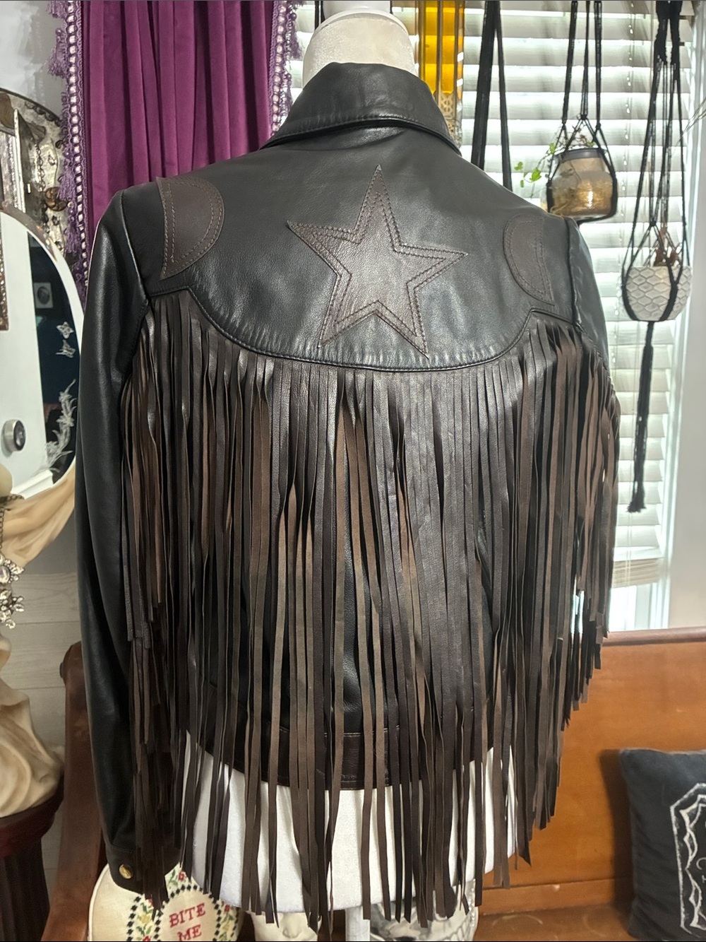 Nasty Gal Real Leather Fringed Festival Jacket Moon & Stars Brown & Black Size 6